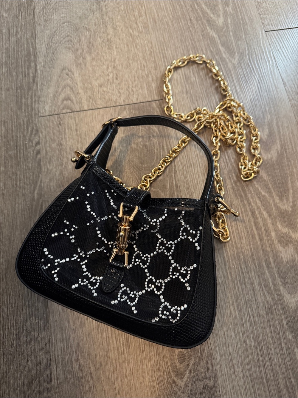 Black Crystal-Embellished Shoulder Bag with Gold Chain
